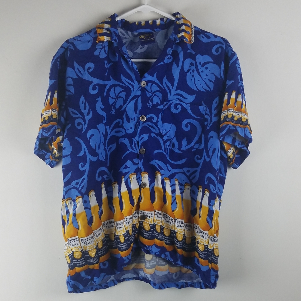 Corona Beer Hawaiian Shirt Blue Large Aloha Tiki
